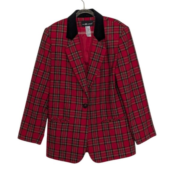 Vintage Sag Harbor Plaid Blazer Womens Size 12 Red Wool Blend Velvet Collar - Picture 1 of 9